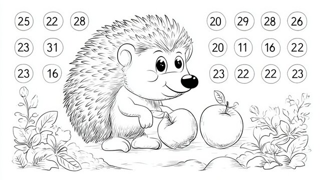 Kids math worksheet: fill missing numbers. Hedgehog with apple illustration.