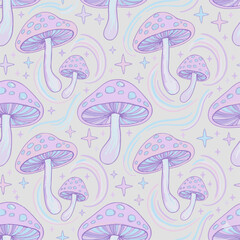 seamless pattern with a whimsical, hand-drawn design featuring stylized mushrooms