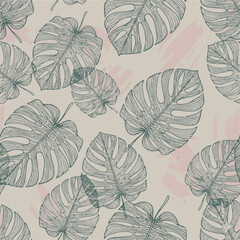 seamless pattern with stylized, dark teal monstera leaves featuring intricate vein details