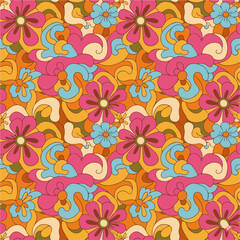 seamless retro floral pattern, inspired by the groovy aesthetics of the 60s and 70s