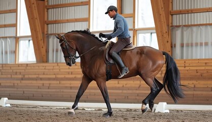 Man training a rearing horse during a dressage session in an indoor arena