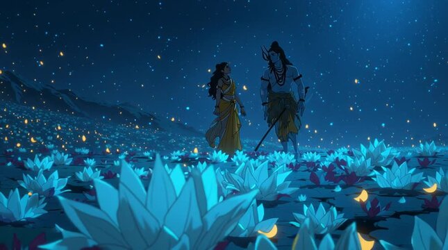 Animated cinematic shot of Parvati standing beside Lord Shiva under a starry sky, both surrounded by softly glowing lotus petals in a divine, magical atmosphere.
