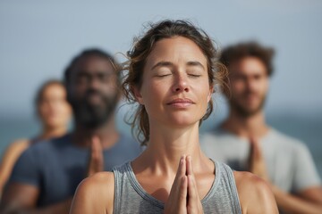 Woman practicing yoga meditation with hands in prayer position outdoors with diverse group in background