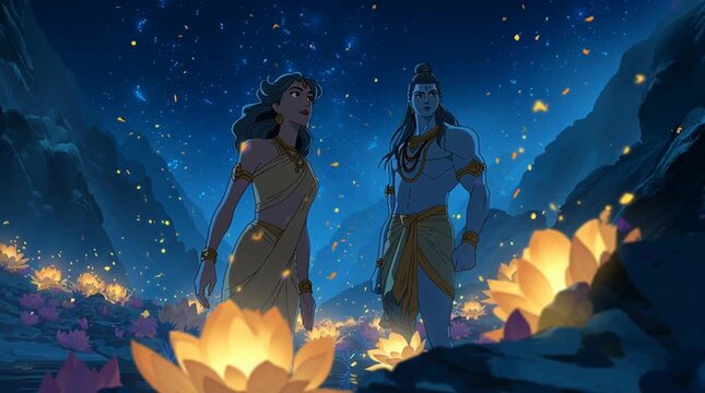 Animated cinematic shot of Parvati standing beside Lord Shiva under a starry sky, both surrounded by softly glowing lotus petals in a divine, magical atmosphere.
