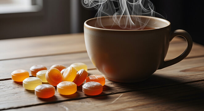Throat lozenges beside a steaming cup of tea on wooden table  