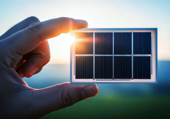 Hand holding small solar panel with sun shining through, renewable energy source