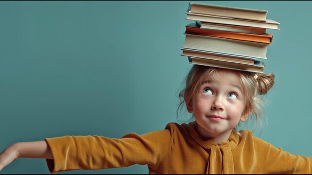 A playful little girl balancing a stack of books on her head, looking up with a mischievous smile. Perfect for back to school, education, learning, or childhood creativity concepts.