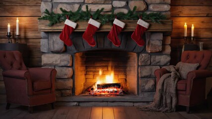 Cozy fireplace setting with Christmas stockings and warm decor - Powered by Adobe