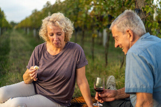 Couple enjoying wine and cheese during a picnic in a vineyard - Powered by Adobe