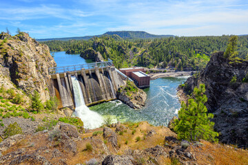 View of the Spokane River and reservoir from the scenic Long Lake Dam Overlook on Lake Spokane in Ford, Stevens County, Washington State, at Spring.