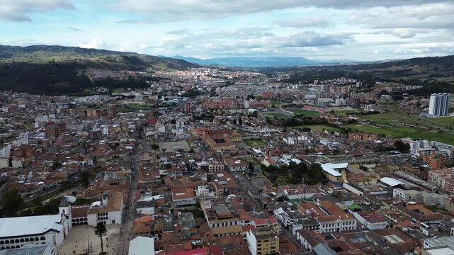 Aerial drone footage of Tunja Boyaca, Historic Andean city with colonial buildings, Cultural and architectural heritage of Colombia. High quality 4k footage