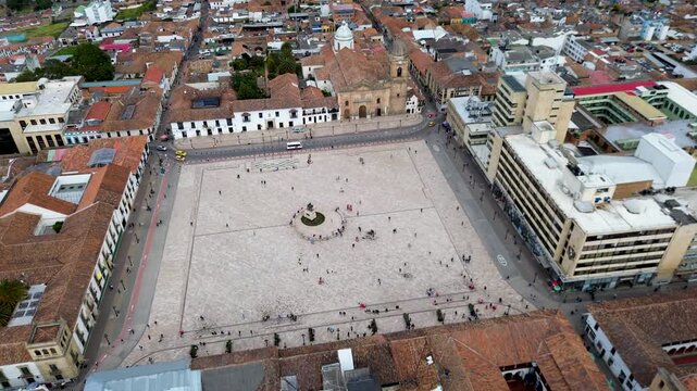 Central park of Tunja Boyaca, Aerial view of main square in historic city, Urban park surrounded by colonial architecture. High quality 4k footage