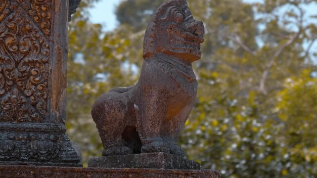 Ancient sculpture of a snow lion a character from Buddhist mythology, a faithful servant of Buddhas and bodhisattvas