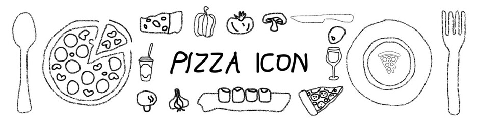 Hand Drawn Crayon Food Vector. Sketch Style Pizza and Wine Illustration Icons for Lunch or Dinner on White Background