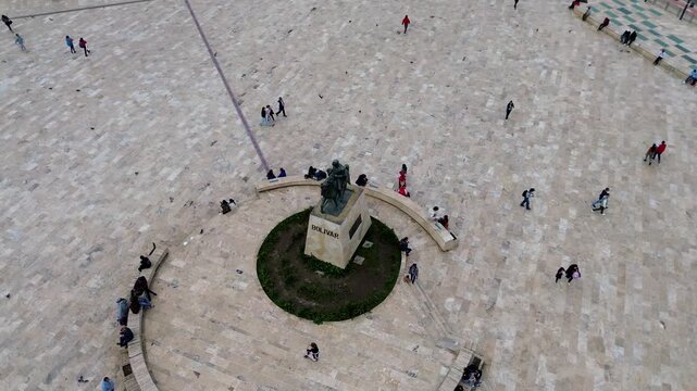 Park in Tunja with statue of Simon Bolivar, Aerial view of historic monument in Colombia, Colonial plaza with Bolivar sculpture. High quality 4k footage