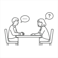 Two people sitting at a table having a conversation with speech bubbles and a question mark