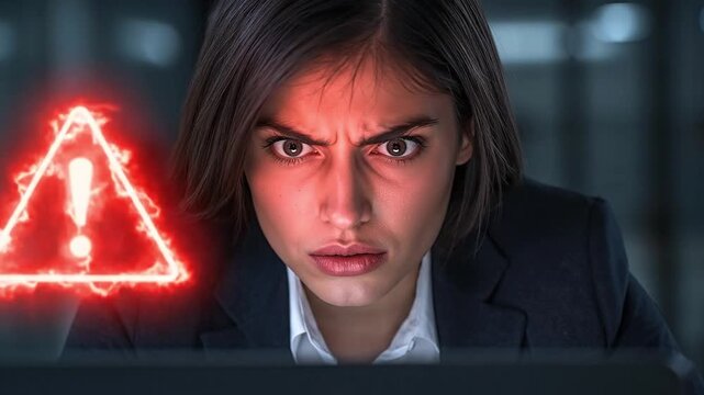 Intense Woman Reacts to Critical Digital Warning: Cybersecurity Threat or System Error Alert on Screen