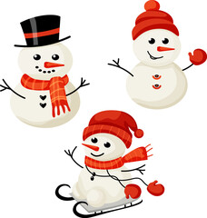 Vector illustration of a cute snowman set with hats, scarves and mittens, ideal for Christmas and New Year designs. Fully editable, EPS format.