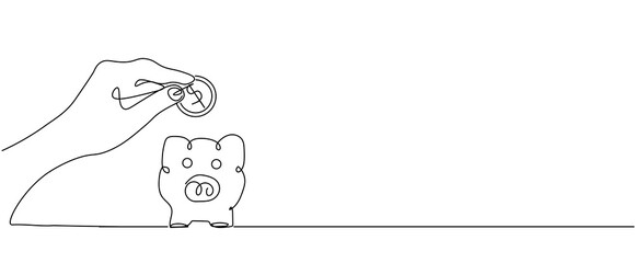 Hand holding dollar coin putting in piggy bank for saving money symbol sign, One continuous line drawing for Poster, banner, background with lettering, Doodle outline isolated on transparent backgroun