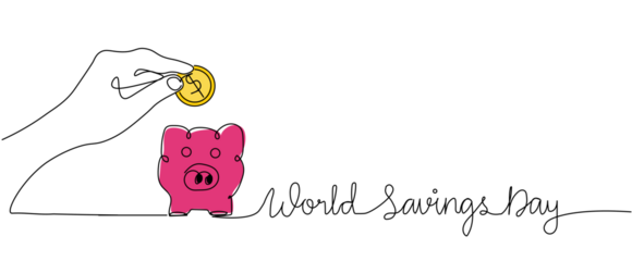 Hand holding dollar golden coin putting in pink piggy bank for saving money symbol sign with world saving day lettering one line continuous Outline Art, doodle outline for poster, banner copyspace 