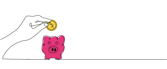 Hand holding dollar coin putting in piggy bank for saving money symbol sign, One continuous line drawing for Poster, banner, background with lettering, Doodle outline isolated on transparent backgroun