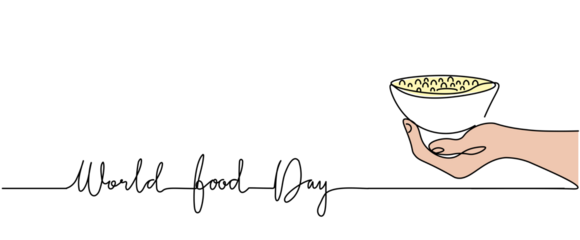 Hand holding bowl of food rice  symbol sign with world food day lettering One continuous line drawing for Poster, banner, background with lettering, Doodle outline art, minimal with copyspace negative