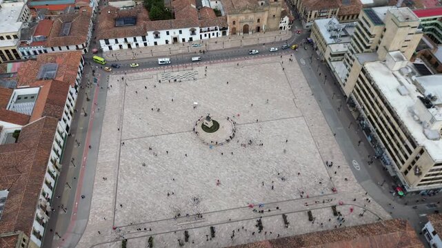 Tunja Boyaca main park, Colonial square with public gardens and monuments, Aerial view of historical downtown area. High quality 4k footage