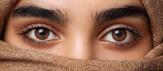 A close-up view of beautiful brown eyes with natural light reflections, showing fine details of eyelashes, eyebrows, and smooth skin. The image symbolizes focus, emotion, identity and human connection