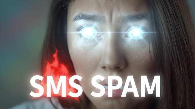 Digital Overload: Woman with Intense Glowing Eyes Reacting to Unsolicited SMS Spam Message