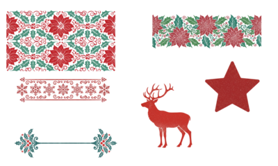 A collection of decorative elements featuring floral patterns, a reindeer silhouette, and a star, all designed in vivid red and green colors.