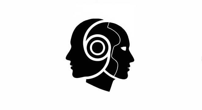 Artificial intelligence concept icon with human and robot profiles. Minimalist black silhouette vector illustration. Cyborg and technology fusion symbol isolated on white background