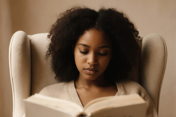 Young woman enjoys reading a book in a cozy chair at home