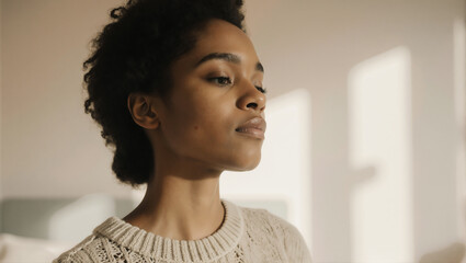 Woman with curly hair in a cozy sweater enjoying sunlight indoors