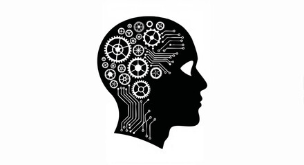 Black silhouette of a human profile with gears and circuits. Artificial intelligence and technology concept. Vector icon illustration