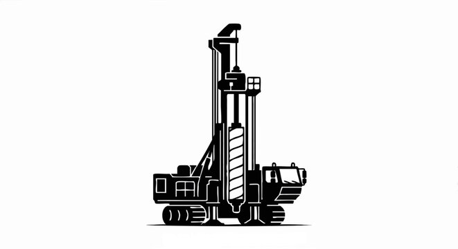 Black silhouette of a large drilling rig. Heavy industrial machinery for construction, mining or geology. Vector icon of an ice core drill.