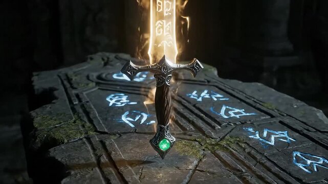 Glowing sword standing on rune stone altar bathed in mystical ethereal ancient light