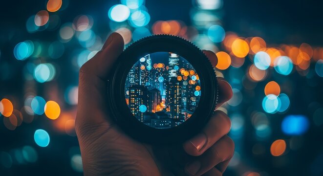 Hand holding lens showing city skyline with bokeh lights at night in selective focus view point