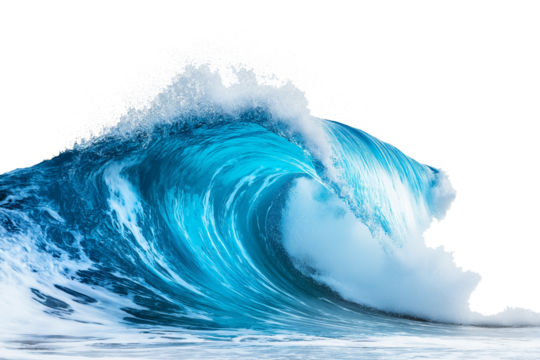 Blue ocean wave isolated on a white or transparent PNG background, ideal for marine, nature, water, and travel designs, backgrounds, illustrations, environmental projects, and beach-themed visuals.