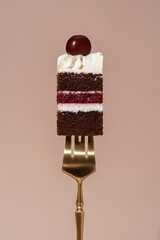 Bento cake slice on a golden fork, showcasing rich chocolate layers, creamy frosting, and a cherry on top, highlighting the delightful cross-section of this delicious dessert concept