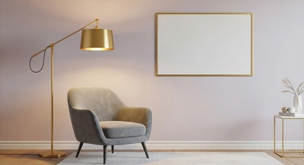 A modern living room features a gray armchair, a gold floor lamp, and a blank picture frame on the wall, creating a stylish interior.