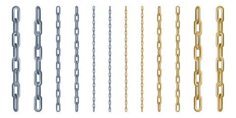 Jewelry straight chain set, 3d render. Golden and silver heavy rings connected. Weak or strong platinum link. Metal hanging straight border for blocked content. Secret item, high risk security protect