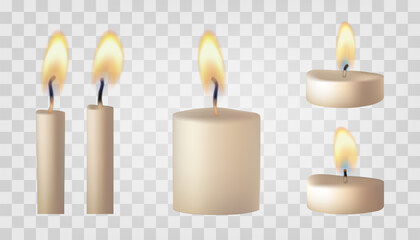 Candle gold flame set. Memorial, short tea light. Burning Bday or wedding fires, vector isolated illustration. 3d lit torch, transparent candlelight. Blow to extinguish wick, spa paraffin heat symbol