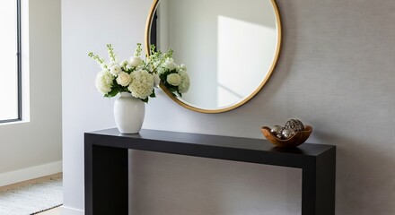 A stylish entryway featuring a round mirror, a sleek black console table, and a vase of white flowers, creating a modern and inviting atmosphere.
