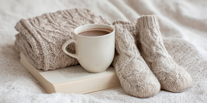 Scandinavian comfort composition featuring soft knit fabric and neutral tones.