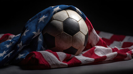 Soccer ball wrapped in the United States flag representing American pride and the 2026 world football championship