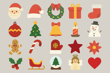 Fototapeta premium Christmas Icon Set – Flat Winter Holiday Symbols Collection with Santa, Tree, Gift, Snowman, and Decorations on Beige Background