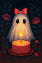 Magenta Flowers Ghost – Birthday Cake with Pink Bow Illustration