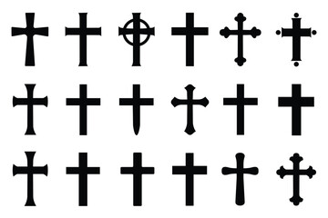 Set of Christian Cross Symbols Silhouette Collection on White Background