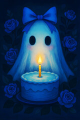 Blue Roses Ghost – Birthday Cake with Candle Illustration