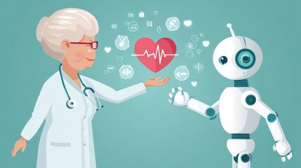 Healthcare Professional Interacting With a Friendly Robot, Showcasing a Shared Interest in Health and Technology in a Modern Setting